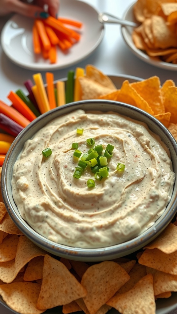 A creamy clam dip garnished with green onions, served with chips and veggies on a festive table.